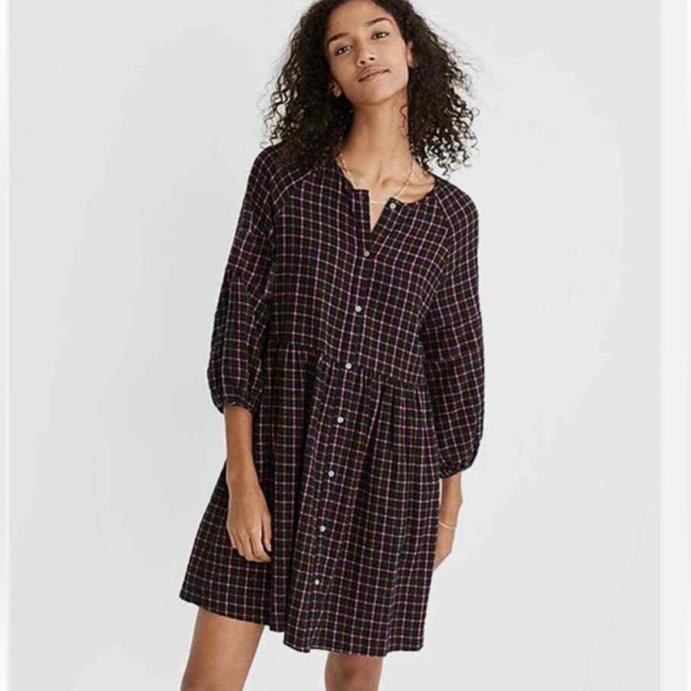 Madewell Plaid Flannel Raglan Button-Front Shirtdress Mini Dress Black Pink
